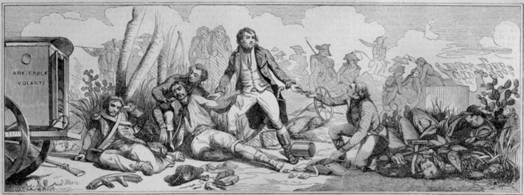 Larrey pansant les blessés sous le feu des ennemis, tableau à la cire, par Müller 1850